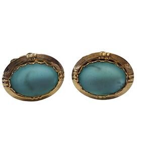 Light Blue Turquoise Color Oval Cabochon Gold Tone Scalloped Frame Cufflinks Vtg